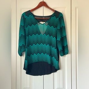 💫3 for $12💫Sheer Geometric Blouse With Open Back and Faux Leather Details